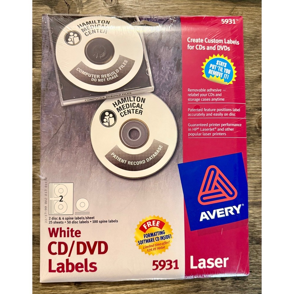 Avery 5931 CD/DVD Labels Laser White NEW 50 Disc 100 Spine Removable Adhesive